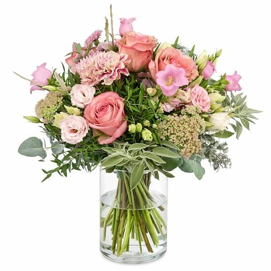 Affinité – bouquet champêtre rose et pêche, livraison fleurs Valais